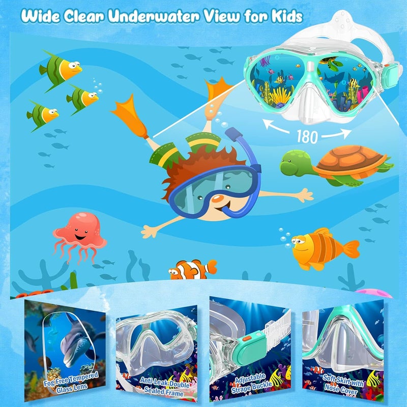 Seovediary Kids Snorkel Set, Mask Fins Snorkeling Gear for Kids Anti-Fog Swim Goggles 180 Panoramic View Dry Top Snorkel and Dive Flippers Combo with Travel Bag for Snorkeling Training Swimming Diving - Image 2